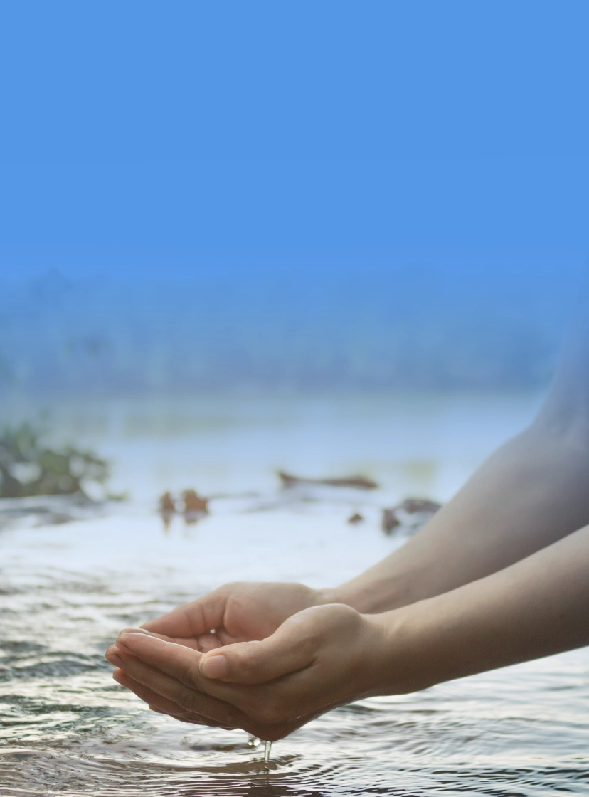 Mujer recolectando agua de un río en un entorno de exuberante paisaje verde